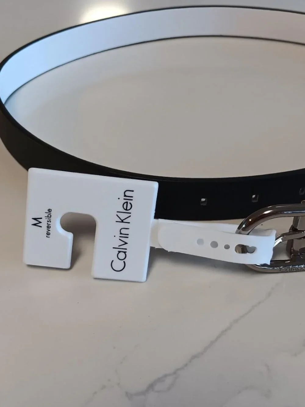 CALVIN KLEIN Womens Belt Reversible Black White Silver Buckle Size M NEW